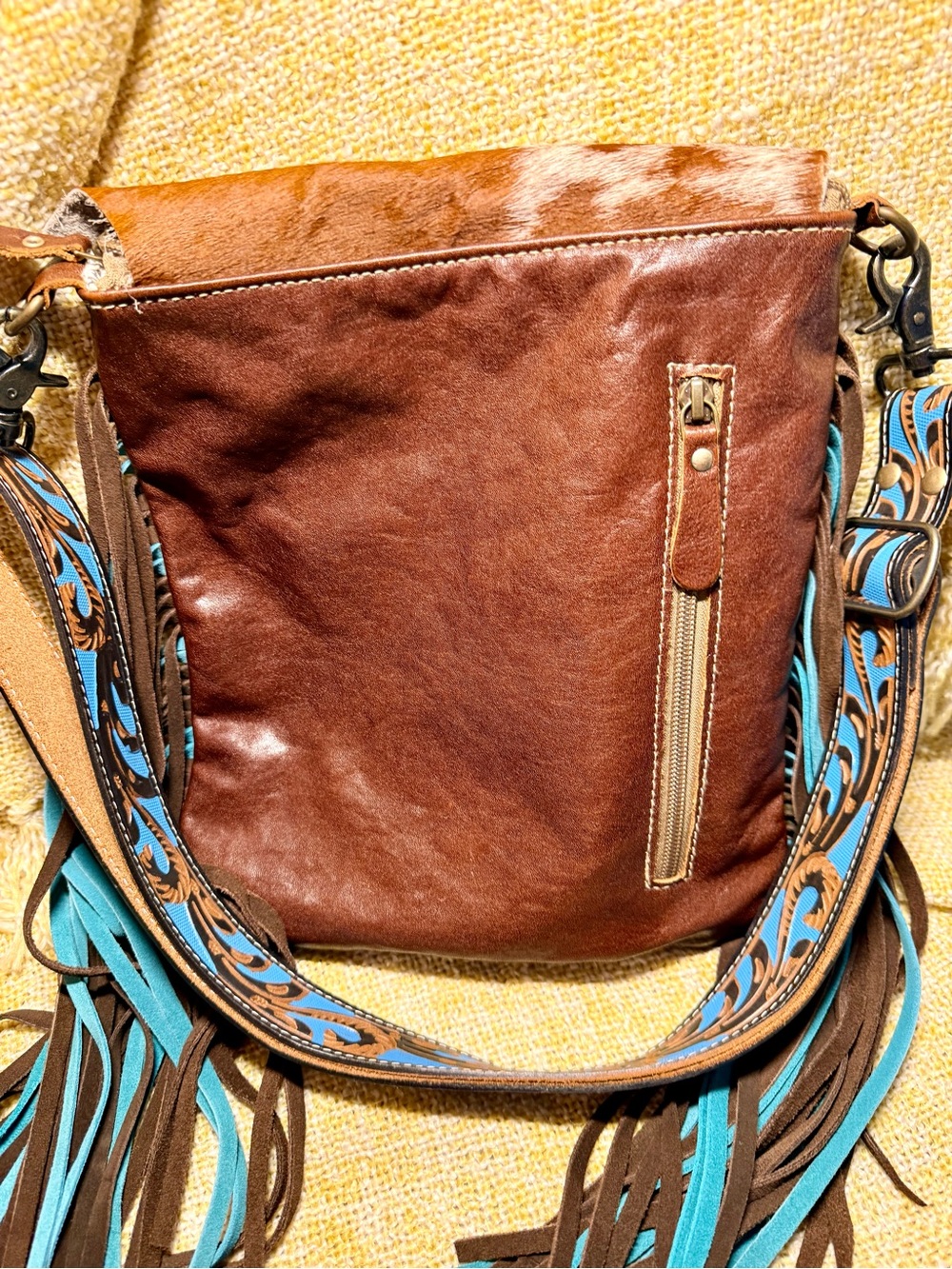 Myra Turquoise Tooled Leather & Hair-on Hide Fringe Crossbody Bag- 🔥 - Picture 3 of 5